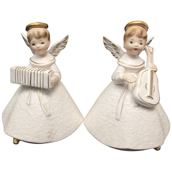 National Potteries Angels Playing Music Instruments Bedford OH Set 2 Vtg Japan - Picture 1 of 16